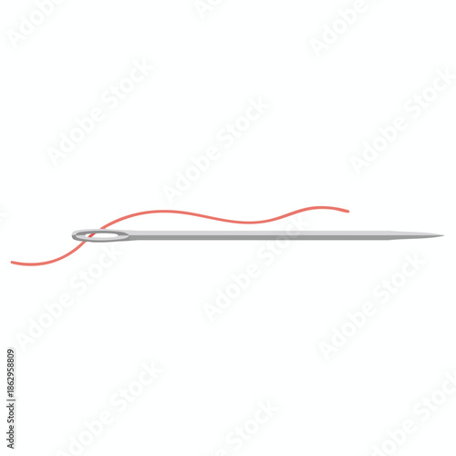 A needle threaded with red yarn, horizontal on white, in a minimalist depiction