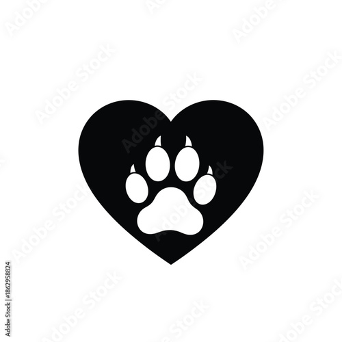 Black heart with white paw print silhouette 1
