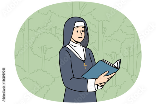 Woman nun with holy book stands in park among trees, dressed in cassock for religious service in temple. Nun studies sacred scriptures and prayers during breaks between prayer services in cathedral