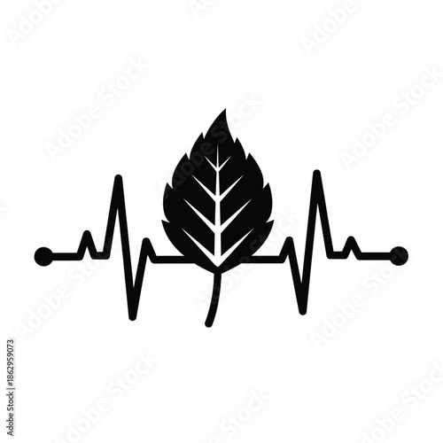 Black leaf on ecg line heartbeat white