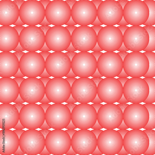A close-up, abstract, and geometric pattern of perfectly spherical orbs, densely packed in a grid formation of rows and columns. The orbs are a vibrant, translucent salmon-pink to coral-red
