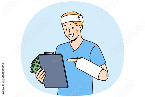 Sick man rejoices at receiving health insurance to cover hospital bills after car accident. Guy with bandaged head and hands holds money received for health insurance and clipboard