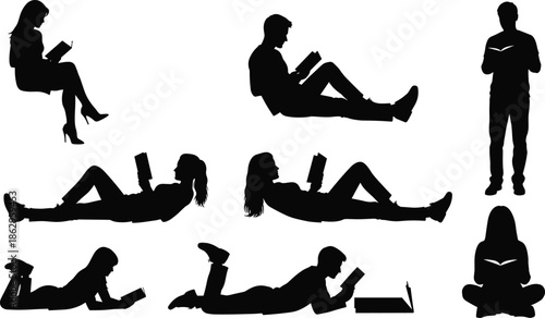 Black silhouettes of people reading books in various poses, various men and women studying while sitting and lying down isolated on white background.