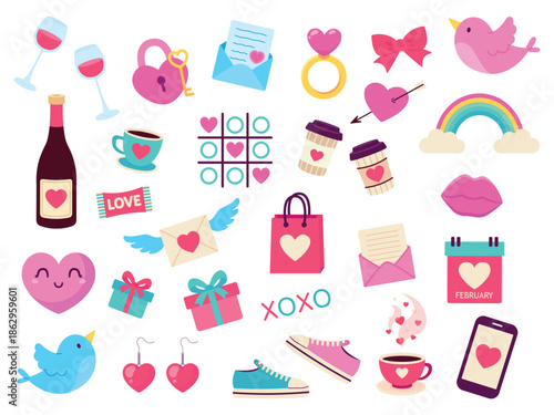 Set of simple elements for Valentine's Day. Vector illustration in flat style