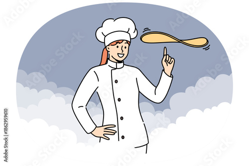 Woman chef cook prepares dough for pizza or delicious pie, stands among clouds of flour. Girl restaurant chef demonstrates skills in preparing complex dishes and baking with unique recipe.