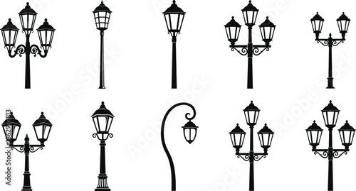 streetlamp lamppost lantern light vintage outdoor urban silhouette vector illustration decorative classic
