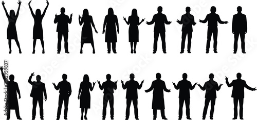 Collection of diverse business people silhouettes in various standing poses, professional corporate men and women team figures isolated on white background for design, vector.