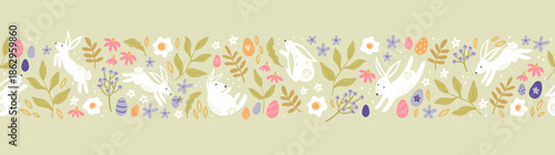 Cute hand drawn Easter horizontal seamless pattern with bunnies, flowers, easter eggs, beautiful background, great for Easter Cards, banner, textiles, wallpapers - vector design