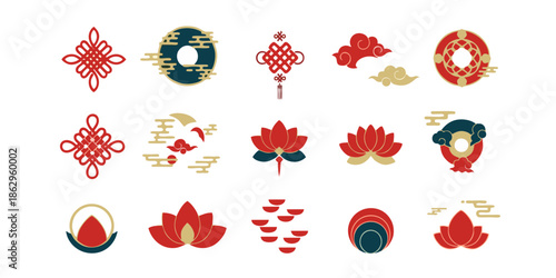 Chinese new year decorative elements set with lotus flowers clouds and mystic knots