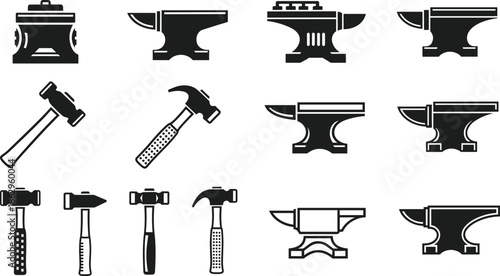 blacksmith anvil hammer tool metal forge craft workshop vector silhouette illustration equipment