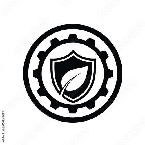 Black shield with leaf inside gear on white background