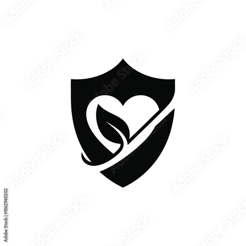 Black shield with white heart and leaf on white background