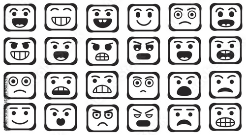 Black and white graphic emoticon faces with various expressions, arranged in a grid pattern, vector illustration ideal for user interface design, messaging apps, emotions, and digital communication pr
