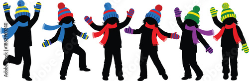 Collection of happy children silhouettes in colorful winter hats and scarves jumping for joy, kids group wearing warm clothes isolated on white background, vector.