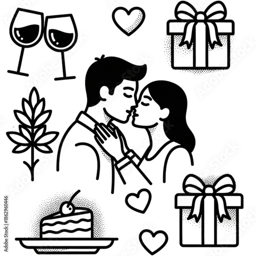 Romantic Kiss and Gifts:  A tender kiss shared between two, accompanied by symbols of love and affection such as gifts, wine glasses, hearts, and desserts.