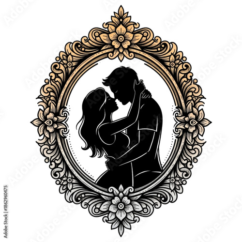 Romantic Embrace within a Decorative Frame: A loving couple shares an intimate moment, their silhouettes framed by an ornate, artistic border, symbolizing love and connection. 