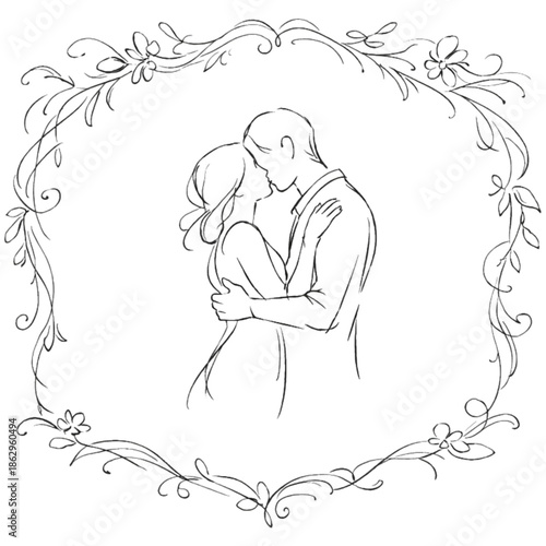 Eternal Embrace: A tender moment of closeness captured in an elegant line drawing, framed by delicate floral details, embodying the timeless essence of romance.