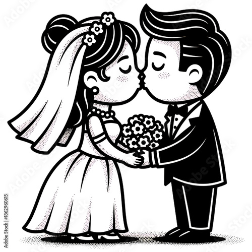Kissing Bride and Groom: A charming illustration captures a tender moment as a bride and groom share a loving kiss, symbolizing the beginning of their journey. The bride.