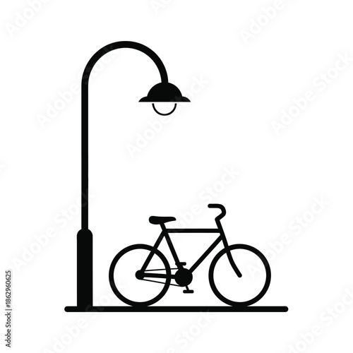 Black silhouette bicycle next to street lamp on white background