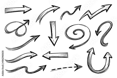 Hand drawn arrows set with sketch style curved and straight designs
