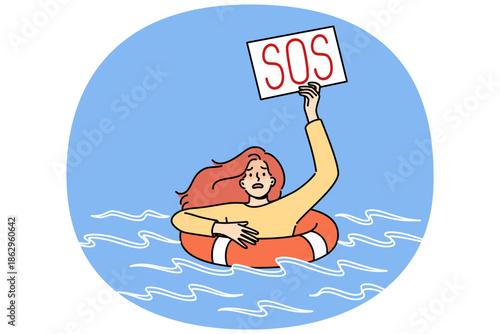 Drowning woman with SOS sign uses lifebuoy, floating in water after falling overboard ship. Girl with inscription SOS symbolizes bankruptcy caused by unfavorable business climate and layoffs