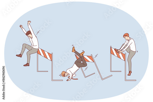 Tough competition in business for men running and hesitating, jumping over obstacles on path to success. White-collar guys suffer while overcoming obstacles course at tournament among clerks