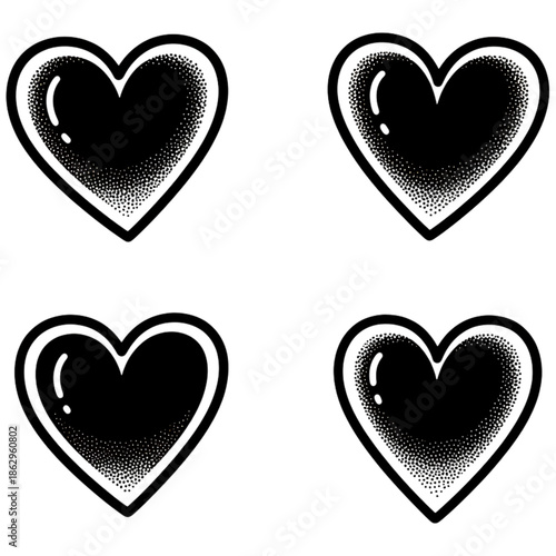 Heart Quartet: A collection of four stylized hearts, rendered in a striking monochrome palette, showcasing love, affection and connection
