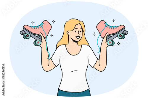 Woman holds retro roller skates, inviting you to ride together in park in fresh air. Smiling girl with vintage shoes with wheels in hands recommends buying roller skates for active lifestyle