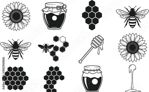 honey bee sunflower beekeeping nectar apiary hexagon honeycomb jar dipper natural organic vector illustration set