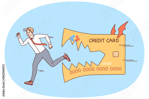 Credit card bites fleeing business man, symbolizing danger of using loan money to cover needs. Credit card chasing guy trying to get rid of debts incurred due to financial illiteracy
