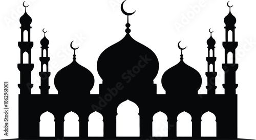 Islamic Mosque Silhouette with Domes, Minarets, and Crescent Moons