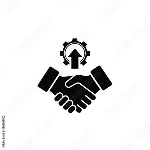 Black silhouette handshake and gear with upward arrow