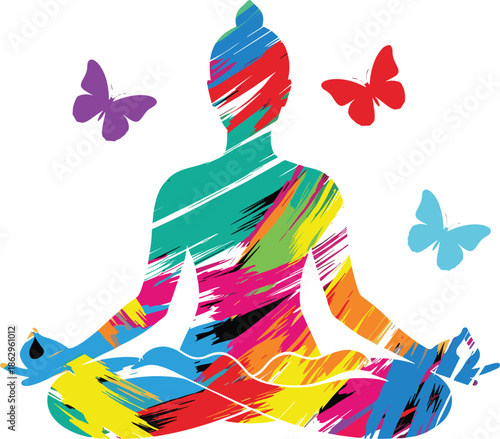Colorful abstract silhouette of a person in yoga meditation pose with butterflies, vibrant brush stroke style mindfulness and wellness illustration isolated on white background.