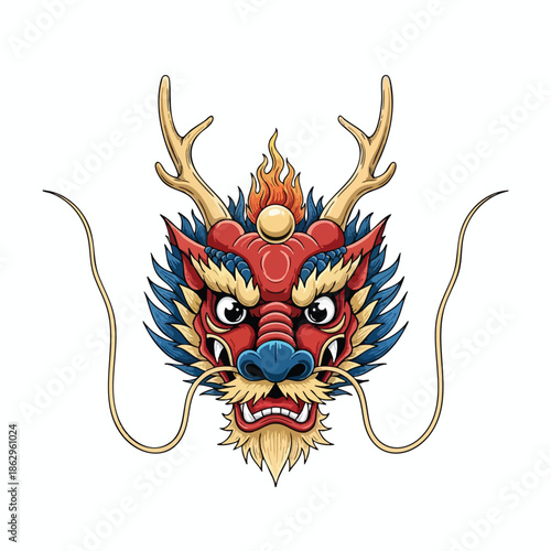A vibrant, detailed illustration of a Chinese dragon's head on a white background
