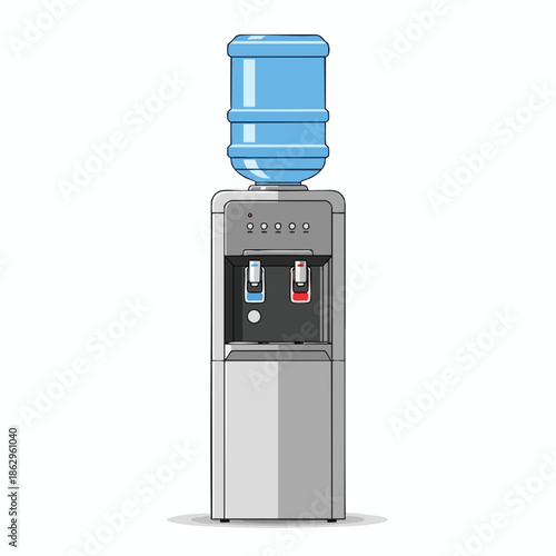 A tall, silver and blue water dispenser on a white backdrop, ready for use