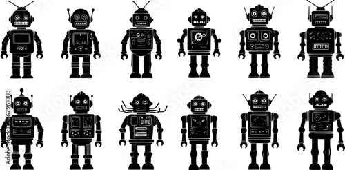 Collection of retro robot icons black silhouettes
