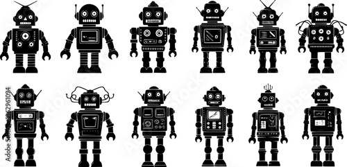 Collection of retro robot icons black silhouettes

