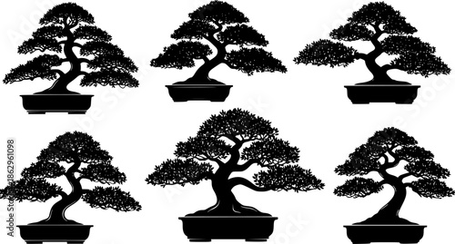 Collection of black silhouette bonsai trees
