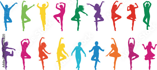Colorful silhouettes of diverse people dancing and jumping in joy, vibrant group of men and women celebrating with expressive movements on white background.