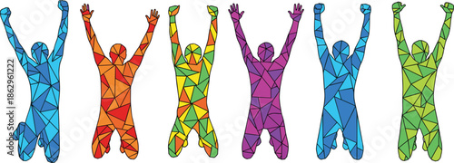 Colorful polygonal silhouettes of people jumping for joy and celebration, geometric mosaic human figures with raised arms isolated on white background for creative design.