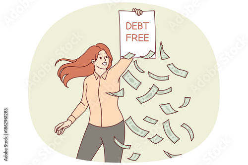 Woman demonstrates debt free inscription on contract, rejoicing at fulfillment of lender obligations and full repayment of loan. Girl lawyer suggests starting bankruptcy proceedings to get rid of debt