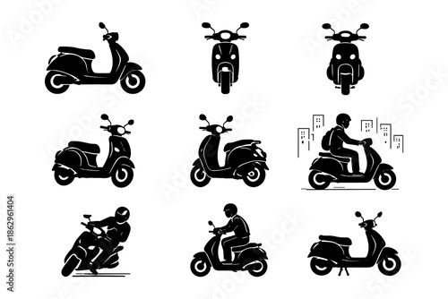 Silhouette collection of classic scooters and riders in urban scenes