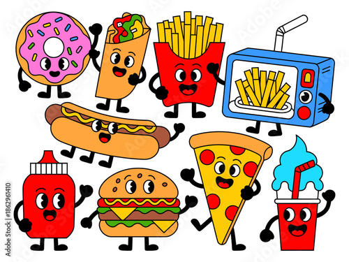 Colorful cartoon concept of anthropomorphic burgers, fries, and drinks with humorous, exaggerated features, expressions, and gestures, suitable for illustration, animation, kids’ content, posters, and