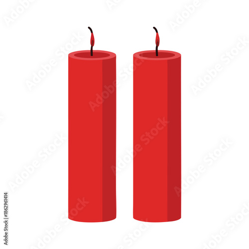 Two tall, red, unlit candles stand upright, each with a single black wick