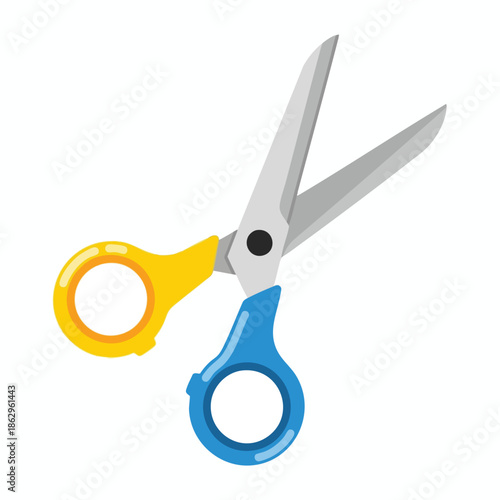 Open scissors, yellow and blue handles, grey blades, on white background