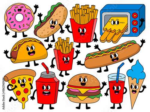Colorful cartoon concept of anthropomorphic burgers, fries, and drinks with humorous, exaggerated features, expressions, and gestures, suitable for illustration, animation, kids’ content, posters, and