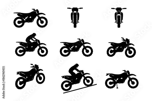 Silhouette set of motorbikes and riders in various poses and angles