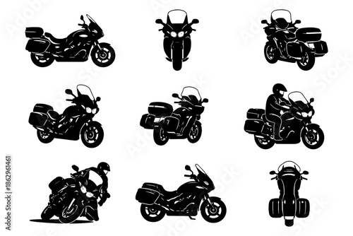 Silhouette collection of motorcycles and riders in various poses on white background