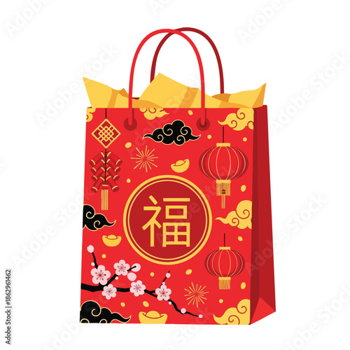 Red decorative shopping bag with Chinese New Year motifs and handles
