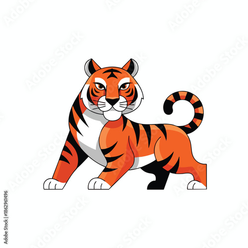 A cartoon tiger stands with stripes and white accents against a white background